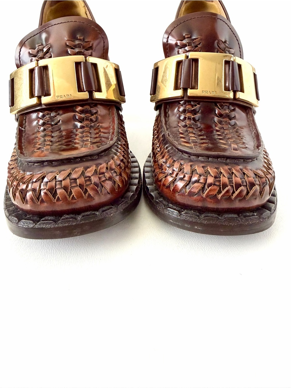 PRADA | Spring 2020 Runway Woven Leather
Block Heel Loafers Brown Gold Logo 40 - Picture 4 of 14